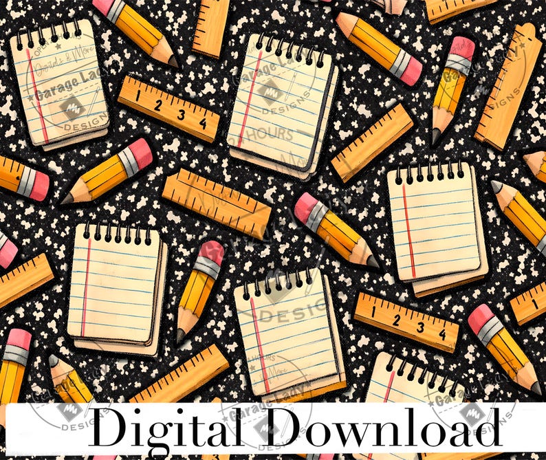 May include: A digital download featuring a repeating pattern of school supplies. The design includes yellow pencils with pink erasers, wooden rulers, and spiral notebooks with lined paper, all set against a black and white speckled background.