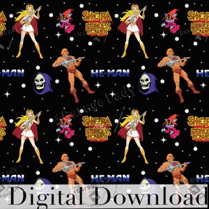 May include: Black background with a repeating pattern of cartoon characters including She-Ra, He-Man, Skeletor, and other characters from the She-Ra and He-Man series. The words "SHE-RA PRINCESS POWER" and "HE-MAN" are also visible. White stars are scattered throughout the design.