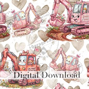 May include: A repeating pattern featuring pink cartoon excavators with smiling faces, flowers, and hearts. The phrase "Digital Download" is at the bottom. The background includes gray hearts and text stamps.