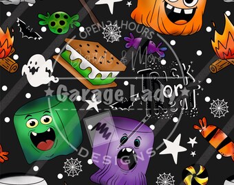 Cute Halloween Seamless file, Marshmallow Seamless, Hand drawn Seamless, S’mores  Seamless designs for fabric,