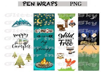 Camping Pen Wraps, Happy Camper Pen, Outdoors Pen Wraps, Marshmallow Pen Wrap, Waterslide Wrap, Glitter Pen,