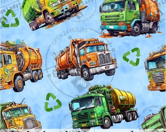 Garbage Truck Seamless Pattern, Recycling Trucks Fabric Print Digital Paper