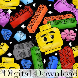 Könnte beinhalten: Ein digitaler Download mit einem sich wiederholenden Muster aus bunten Spielzeugbausteinen und einem gelben Minifigurenkopf mit traurigem Ausdruck auf schwarzem Hintergrund. Weiße Sterne und die Worte "Digitaler Download" sind ebenfalls vorhanden.