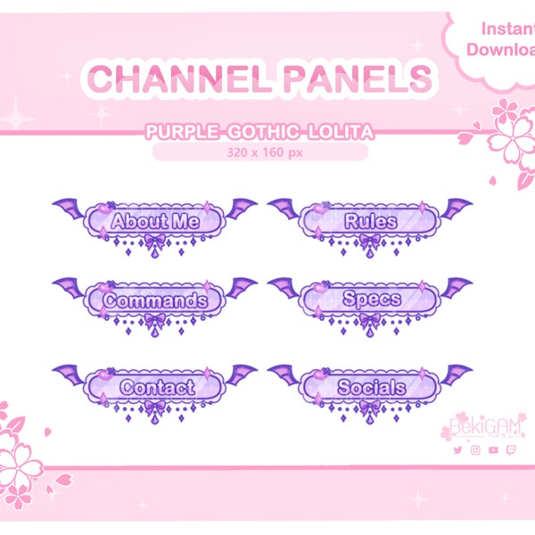 12 Purple Gothic Lolita Panels / Girly Panels / Shrink Purple Panel / Cute Panel / Streaming Bundle / Vamp Wings / Custom Panel Twitch