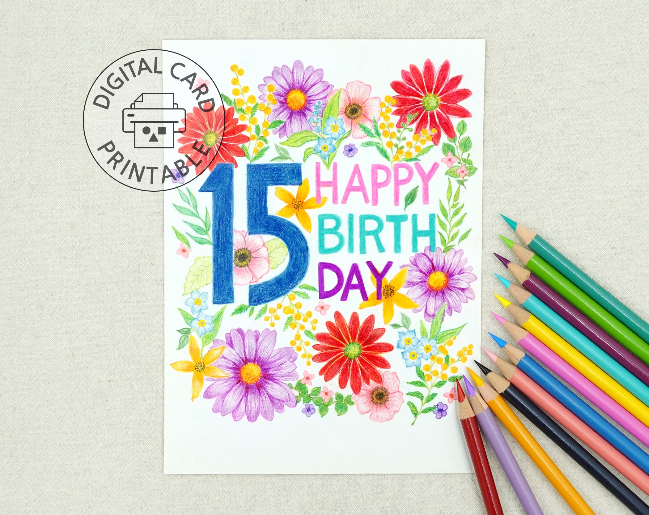 Printable 15th Birthday Card, Envelope Template, 15 Year Old Birthday ...