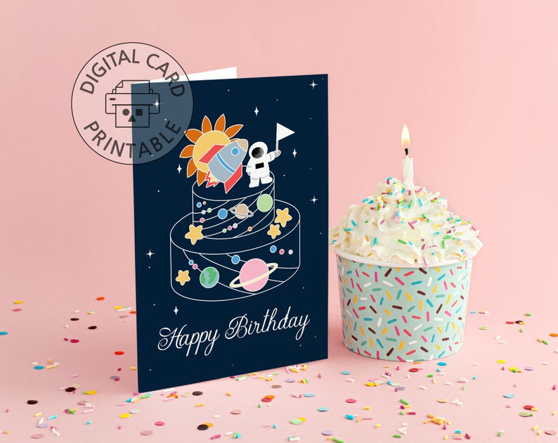 Printable Space Birthday Card, Envelope Template, Galaxy Space Cake Birthday Card Printable ...