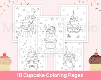 Printable 10 Cupcake Coloring Pages, Instant Download, Simple Coloring Sheets, for Kids, for Adult, Party Activity, Bakery, Food Coloring