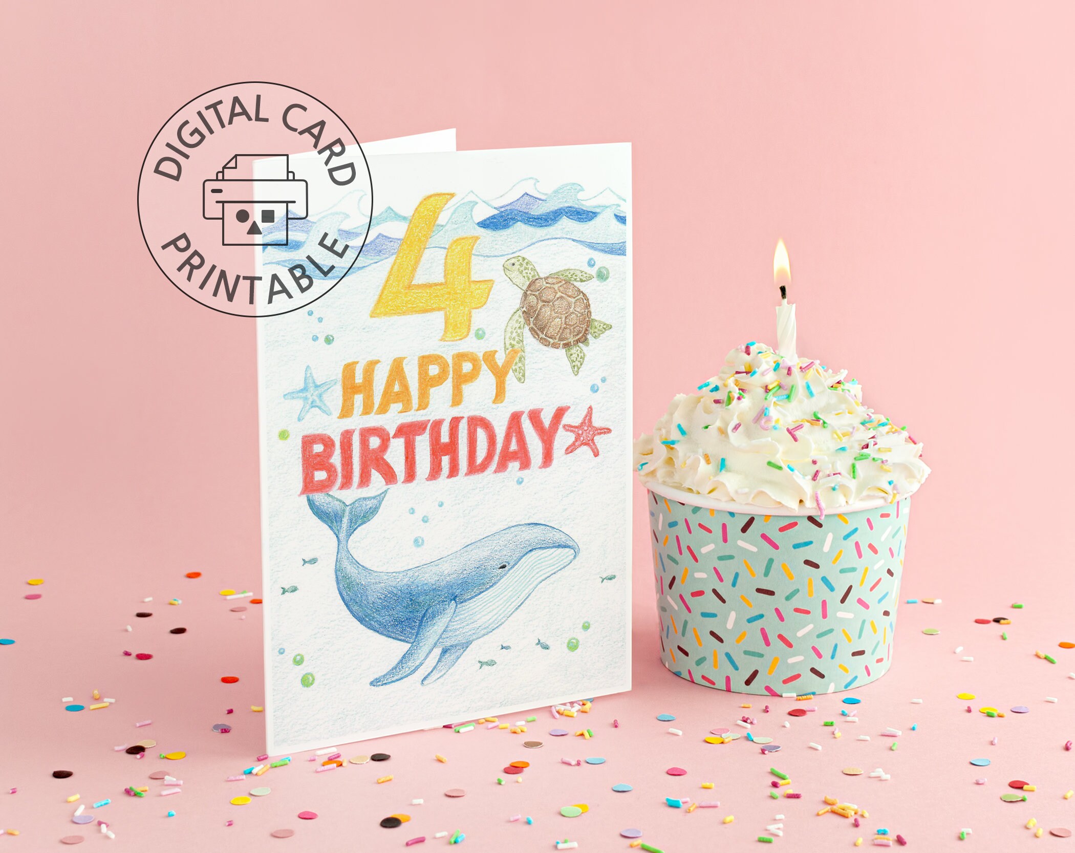 Printable 4th Birthday Card Envelope Template Whale Happy - Etsy