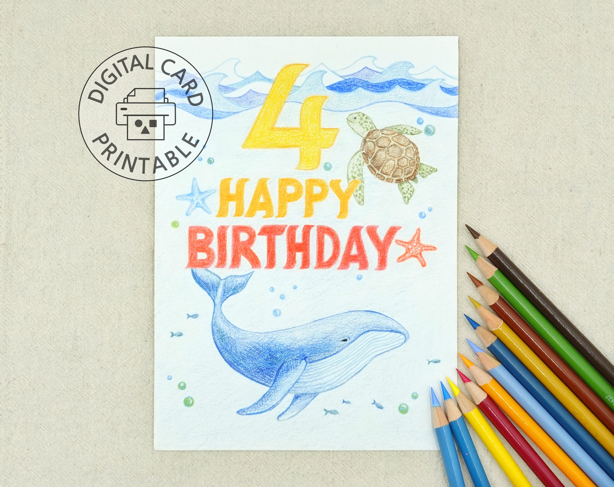 Printable 4th Birthday Card Envelope Template Whale Happy - Etsy