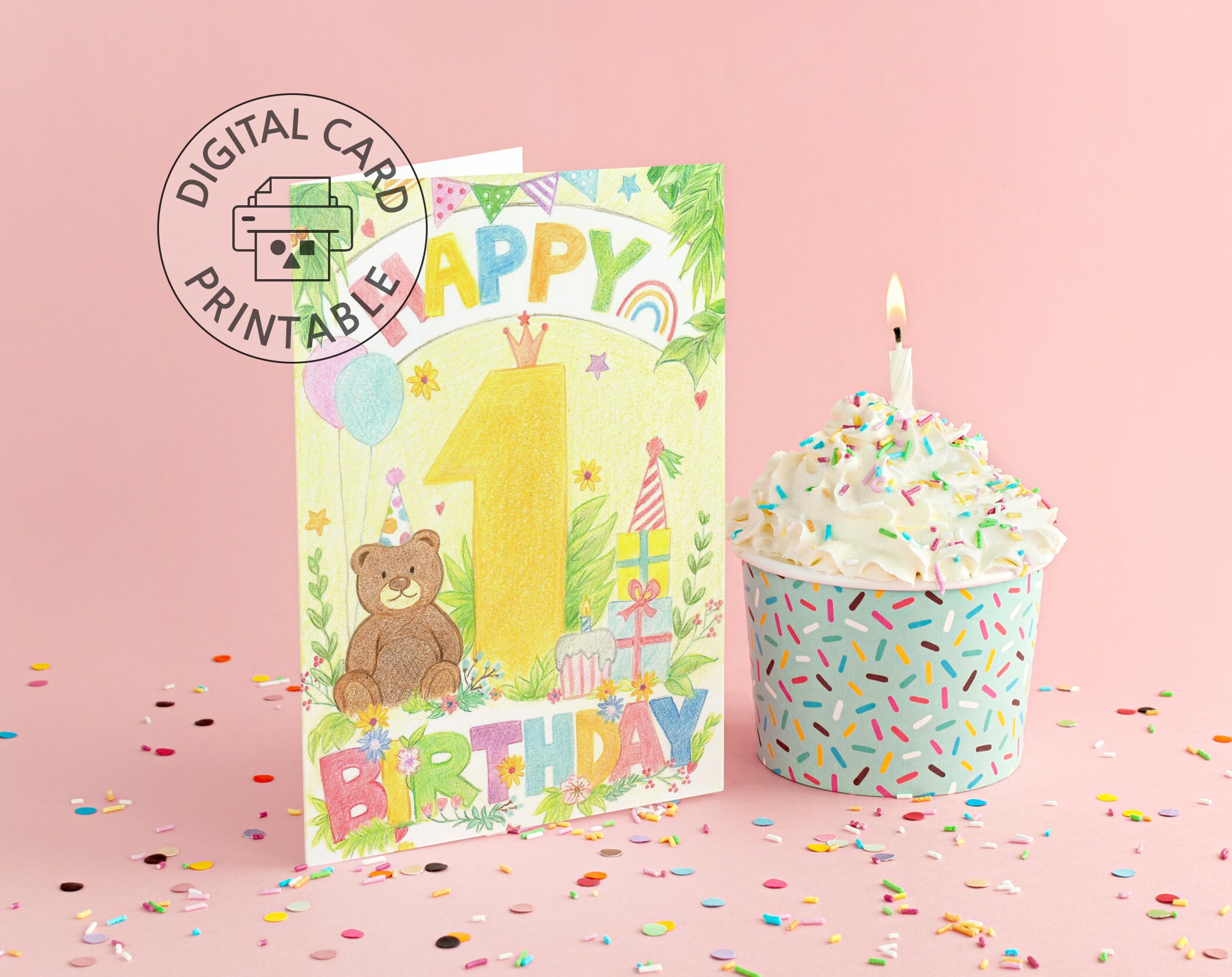 Printable 1st Birthday Card, Envelope Template, 1 Year Old Birthday ...