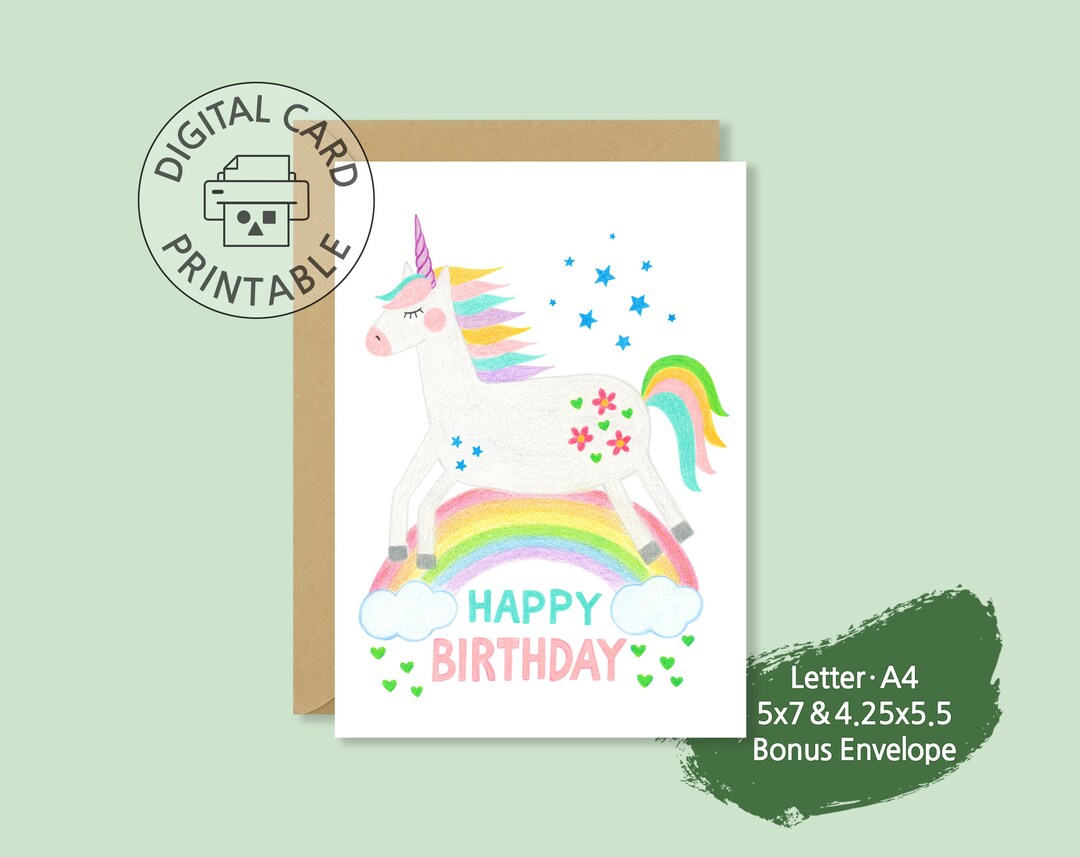 Printable Birthday Card, Envelope Template, Unicorn Birthday Card ...