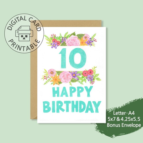 Printable Birthday Card and Envelope 10 Year Old - Etsy
