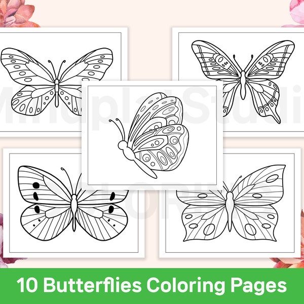 Printable 10 Butterflies Coloring Pages, Coloring Sheets for Adult and Kids, Digital Printable Adult and Kid Coloring Pages, Butterflies Art