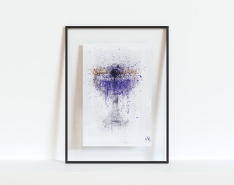 Aviation Cocktail Glass - Original Watercolour Print. Perfect for a bar, home, Christmas, celebration gift/birthday present!