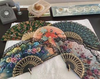Set of 5 Vintage Hand Fans – Spanish Floral, Peacock, Batik, Chinese Paper Designs