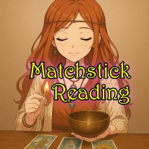 May include: An illustration of a woman with long red hair, wearing a necklace and holding a lit match. The text "Matchstick Reading" is displayed in yellow. A golden bowl and tarot cards are also visible.