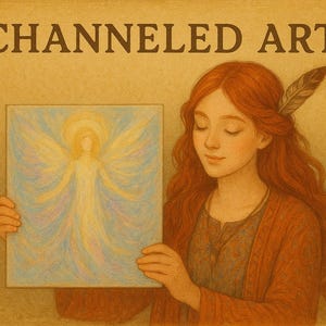 以下が含まれることがあります： 「CHANNELED ART」の文字が入ったイラスト。赤い髪の女性が、羽飾りをつけ、光輪と翼を持つ天使の正方形の絵を持っています。このアートワークは、柔らかいパステルカラーのパレットを使用しています。