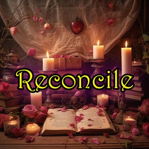 May include: A still life image with the word "Reconcile" in yellow letters on a purple background. The image features an open book with pink rose petals, lit candles, and antique books.