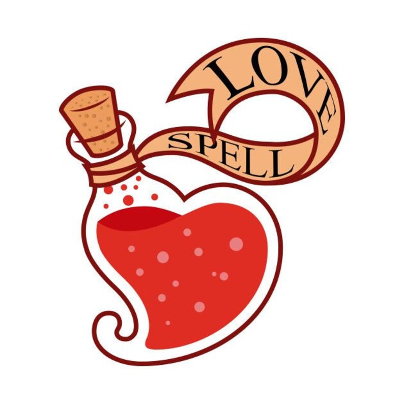 May include: A red heart-shaped bottle with a cork stopper and a tan ribbon that says "LOVE SPELL".