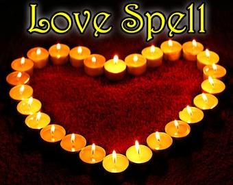 May include: A heart shape formed by lit candles on a dark red surface. The text "Love Spell" is written in yellow above the candles.