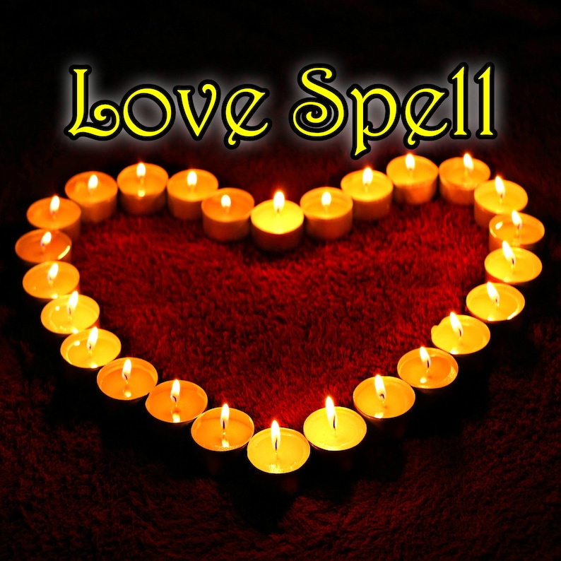 May include: A heart shape formed by lit candles on a dark red surface. The text "Love Spell" is written in yellow above the candles.