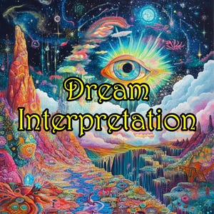 May include: A psychedelic illustration of a colorful landscape with a large eye in the center. The text "Dream Interpretation" is written in yellow letters across the bottom of the image.