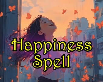 May include: A digital illustration of a woman with long dark hair smiling and looking up at the sky. The sky is a vibrant orange and yellow sunset. The text "Happiness Spell" is written in yellow letters across the image. There are many butterflies flying around the woman.
