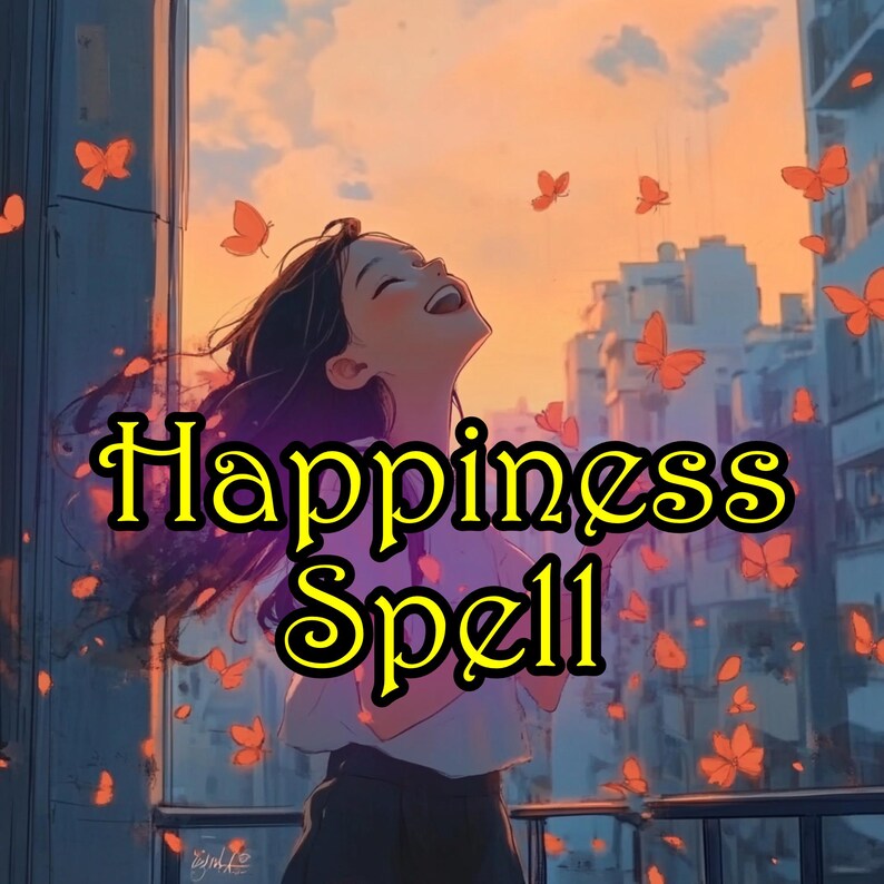 Op de afbeelding: Een digitale illustratie van een vrouw met lang donker haar die lacht en naar de lucht kijkt. De lucht is een levendige oranje en gele zonsondergang. De tekst "Happiness Spell" staat in gele letters over de afbeelding. Er vliegen veel vlinders rond de vrouw.