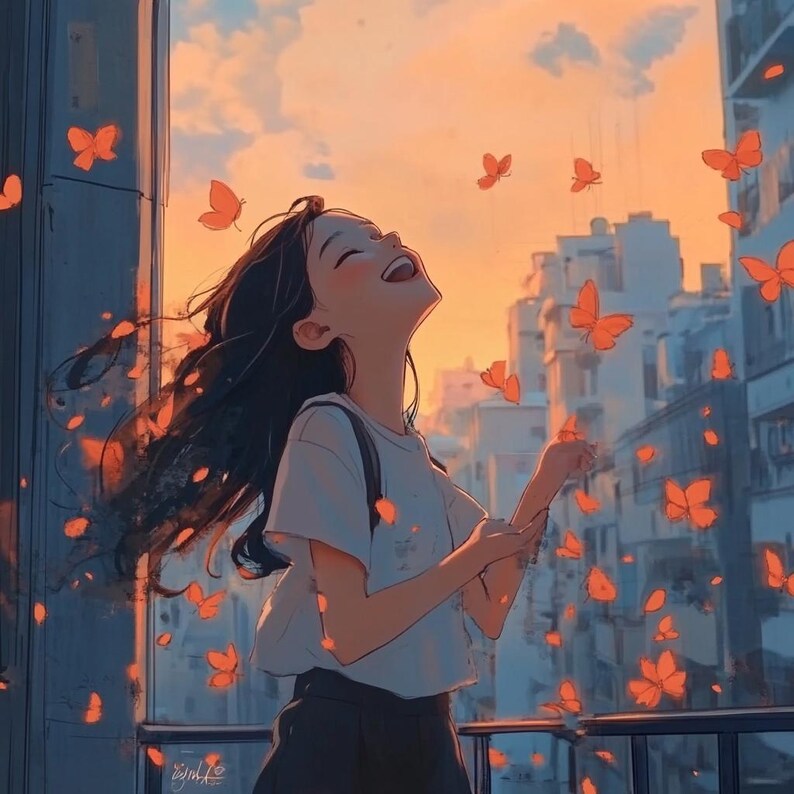 Op de afbeelding: Een jonge vrouw met lang donker haar glimlacht en kijkt naar de lucht. Ze staat op een balkon met een skyline van de stad op de achtergrond. Oranje vlinders vliegen om haar heen.