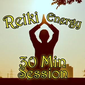 Könnte beinhalten: Eine Silhouette einer Person, die in einer Yoga-Pose sitzt, mit erhobenen Händen über dem Kopf. Der Text "Reiki Energy 30 Min Session" ist in gelben Buchstaben.