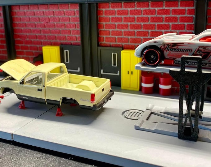 Featured listing image: 1/64th Scale Garage, Shop, Repair Shop with Accessories for Hot Wheels, Matchbox, and other small diecast/toy cars !!! 3D Printed!