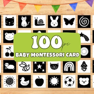 100 tarjetas de bebé de alto contraste Montessori Tarjetas de memoria imprimibles en blanco y negro para niños pequeños - Tarjetas sensoriales