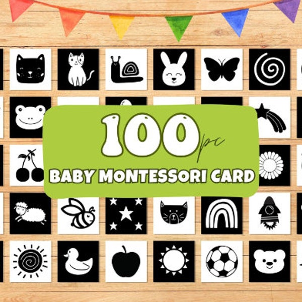 100 High Contrast Baby Cards Montessori Printable Black and White Memory Cards for Toddlers - Sensory Flashcards