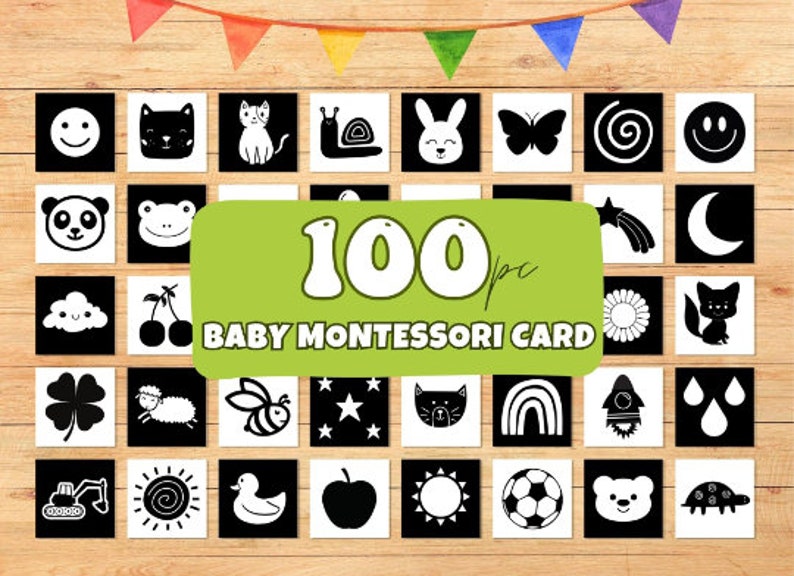 100 High Contrast Baby Cards Montessori Printable Black and White Memory Cards for Toddlers Sensory Flashcards image 1