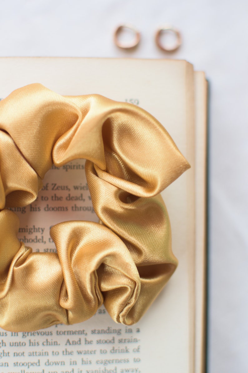 K&ouml;nnte beinhalten: Ein goldener Satin-Haargummi auf einem ge&ouml;ffneten Buch. Das Buch hat Text auf den Seiten.
