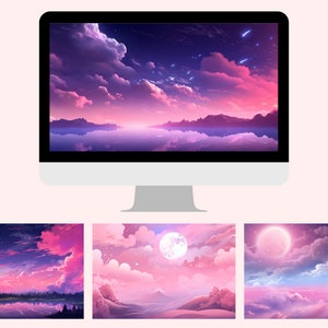 Puede incluir: Una ilustración digital de un cielo rosa y morado con nubes y estrellas. El cielo se refleja en una masa de agua en primer plano. La imagen es una impresión de arte digital.