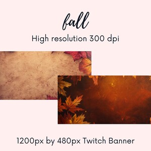 Puede incluir: Una pancarta digital para Twitch con un tema otoñal con hojas rojas, naranjas y amarillas sobre un fondo marrón. La pancarta tiene 1200 píxeles de ancho por 480 píxeles de alto.