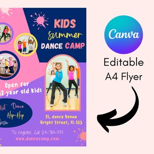 Puede incluir: Un folleto rosa y morado con un encabezado azul y blanco que dice "KIDS Summer DANCE CAMP". El folleto tiene fotos de niños bailando e incluye información sobre el campamento de baile, incluyendo el rango de edad, los estilos de baile, la ubicación y la información de contacto.