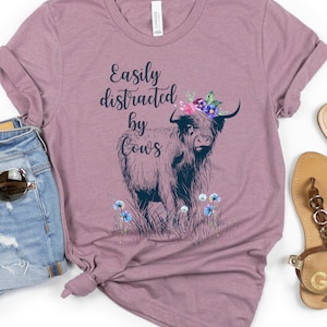 Camiseta de los amantes de las vacas, fácilmente distraída por las vacas, camisa de vaca divertida, camisa de granja, camisa de campo