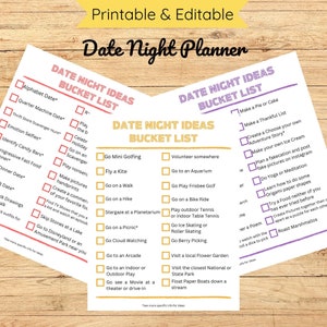 May include: A printable date night planner with a checklist of fun activities to do with your partner. The checklist is divided into three sections: "Date Night Ideas Bucket List", "Date Night Ideas Bucket List", and "Date Night Ideas Bucket List". Each section has a variety of activities to choose from, such as going mini golfing, flying a kite, going on a walk, going on a hike, stargazing at a planetarium, going on a picnic, going cloud watching, going to an arcade, going to an indoor or outdoor play, going to see a movie at a theater or drive-in, volunteering somewhere, making a pie or cake, making a thankful list, creating a choose your own adventure story, making your own ice cream, planning a fakecation and posting fake pictures on Instagram, doing yoga or meditation, learning how to do some origami paper shapes, trying a food neither of you has ever tried before, creating pictures together then cutting them apart as a puzzle for each other, and roasting marshmallows.