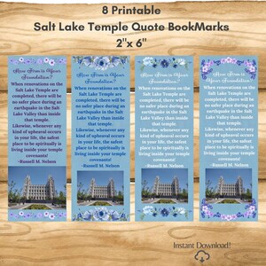 May include: Four rectangular bookmarks measuring 2 inches by 6 inches, featuring a light blue background, floral borders, and a photograph of the Salt Lake Temple. Each bookmark displays the text How Firm is Your Foundation and a quote by Russell M. Nelson.