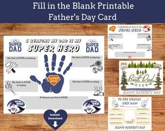 Father’s Day Printable Coloring Page | Printable All About Dad Fill In Template | Super Hero Dad | Father’s Day Activity for Kids Handprint