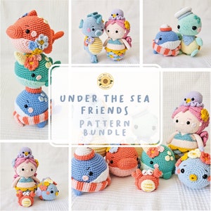 May include: A crochet pattern bundle featuring under the sea themed amigurumi toys. The bundle includes a variety of colourful characters, including a mermaid, a seahorse, a crab, a starfish, and a whale. The pattern is available for download.