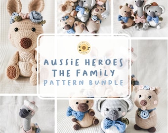 May include: A crochet pattern bundle featuring amigurumi animals, including a kangaroo, koala, and emu. The pattern is titled "Aussie Heroes The Family Pattern Bundle".