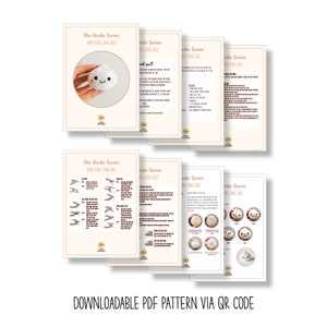 May include: A collection of printable PDF pattern pages for a crocheted Baby Xiao Long Bao. The pages feature instructions, diagrams, and a photo of the finished product. The text "The Foodie Series" and "Baby Xiao Long Bao" are visible. The text "DOWNLOADABLE PDF PATTERN VIA QR CODE" is also visible.