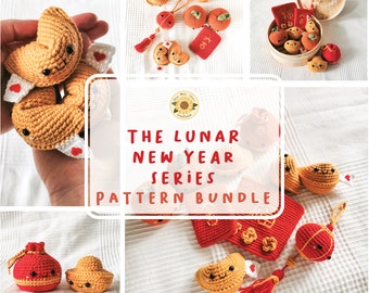 May include: A crochet pattern bundle for the Lunar New Year. The bundle includes patterns for a variety of items, including a fortune cookie, a red envelope, a lantern, and a money bag. The patterns are all in a cute, cartoon style.