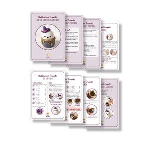 May include: A set of crochet patterns for making Halloween-themed amigurumi toys. The patterns include instructions for making a ghost in a cauldron, a cauldron, and a ghost. The patterns are printed on white paper with purple and black text.
