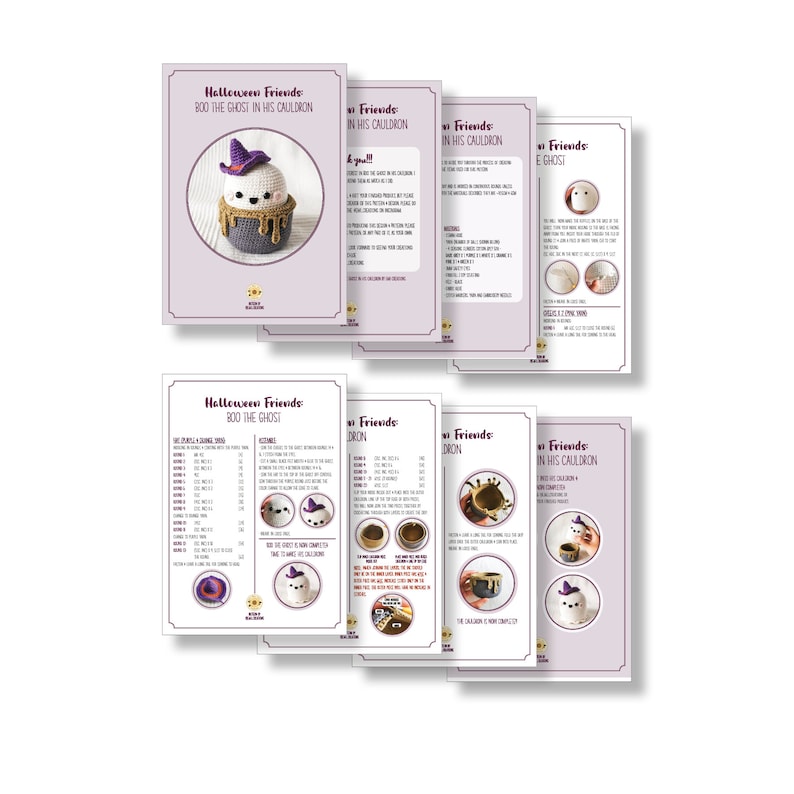 May include: A set of crochet patterns for making Halloween-themed amigurumi toys. The patterns include instructions for making a ghost in a cauldron, a cauldron, and a ghost. The patterns are printed on white paper with purple and black text.