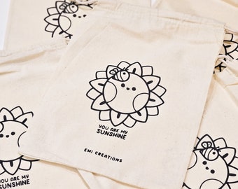 Sunflower Themed Natural Cotton Project Bag [Sunflower Print][Sustainable Gift Wrapping][Handmade][Ironed-on Vinyl]