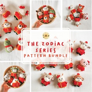 May include: A collection of 12 crochet animal amigurumi patterns, featuring the Chinese zodiac animals. The patterns are available as a bundle and include instructions for making each animal. The animals are dressed in red and gold outfits, with a festive Chinese New Year theme.